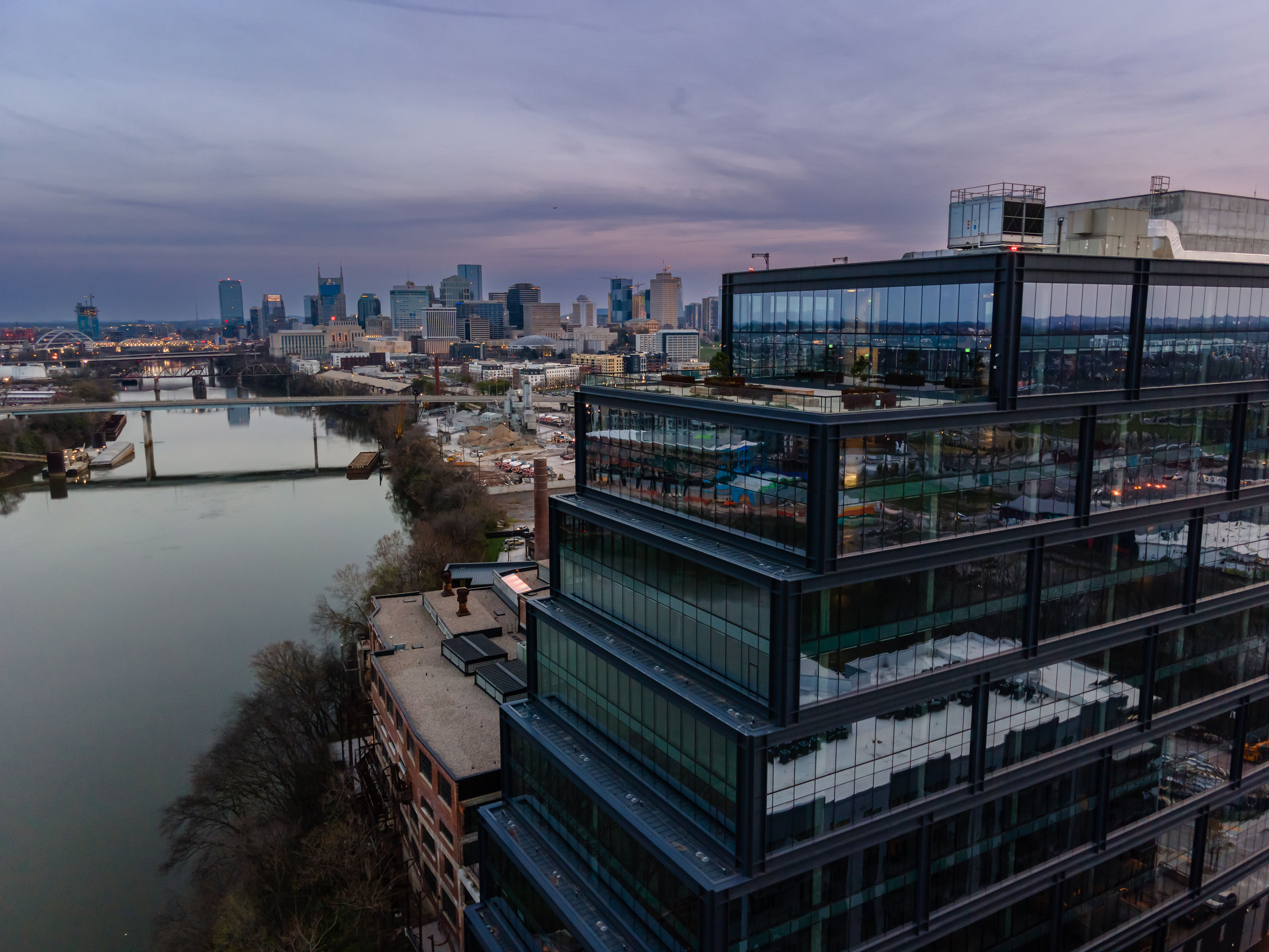 Neuhoff District aerial with Block 1 and downtown Nashville